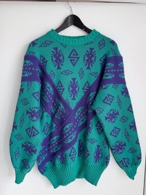 Vtg 80s West Germany Wool Blend Ski Sweater Teal Purple Geometric US 10